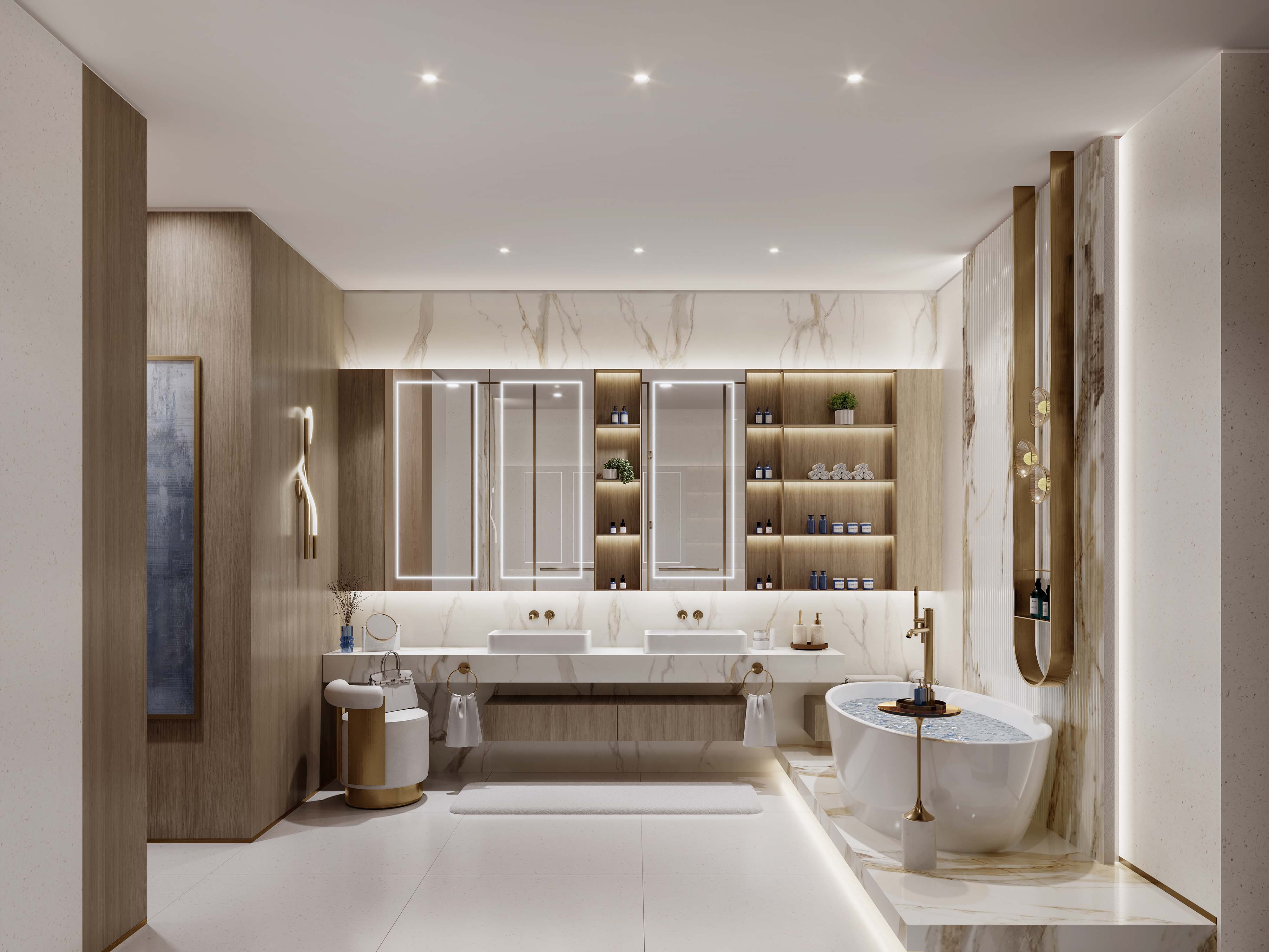 Sunset Bay 3 By Imtiaz Modern bathroom featuring a freestanding tub, dual sinks, elegant lighting, and wooden accents for a luxurious feel.